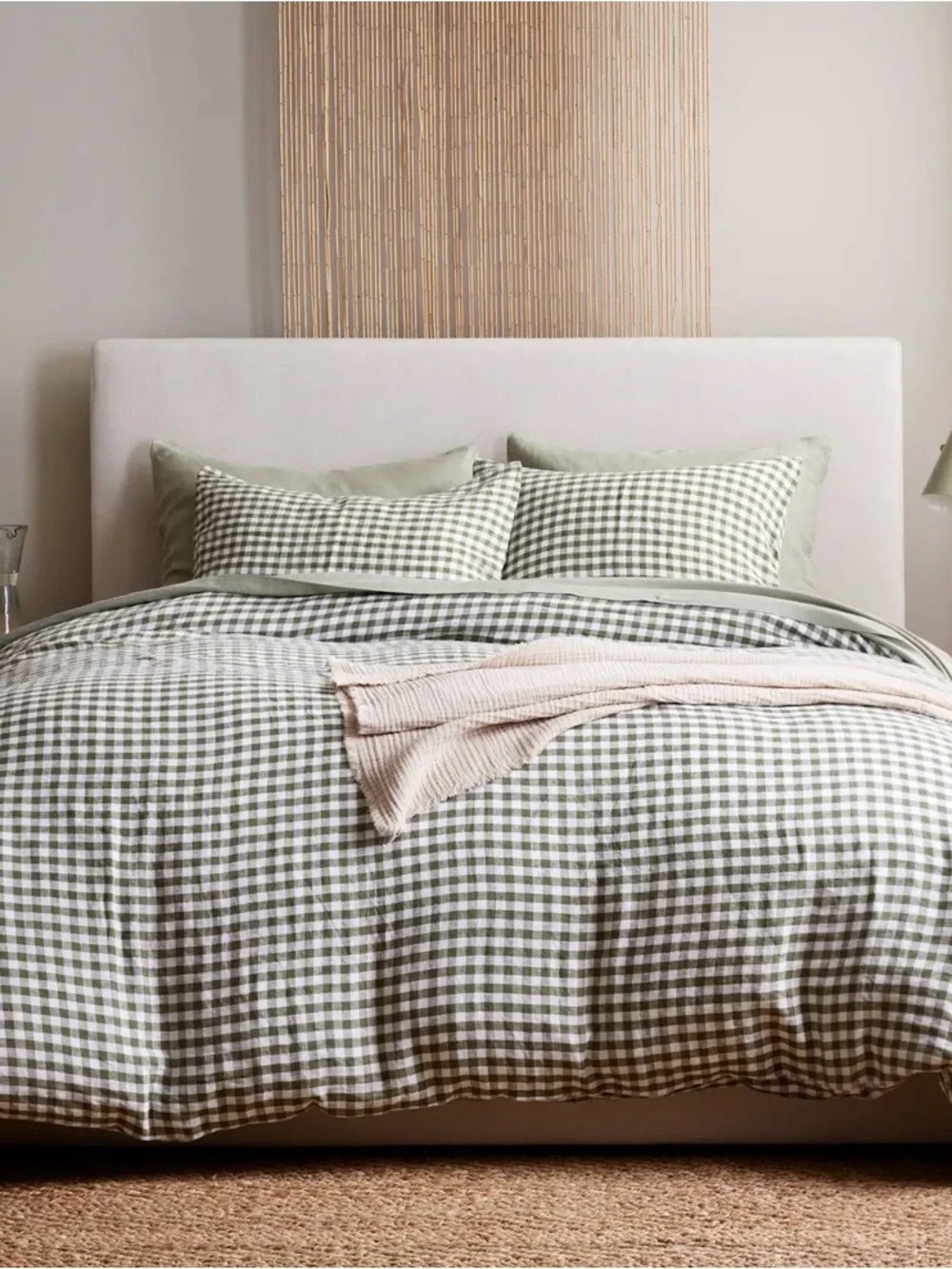 NEW European Linen Gingham Duvet Cover Set, Twin (Olive)
